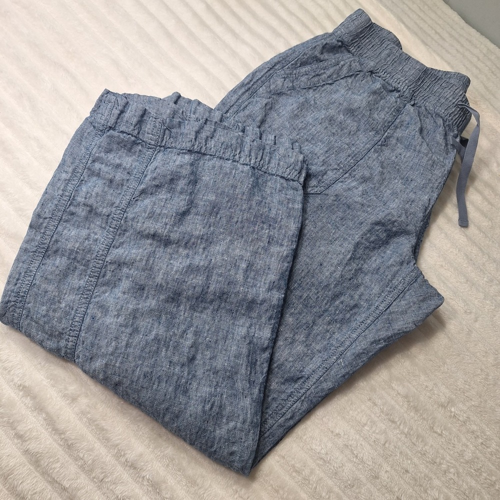 L.L. Bean 100% Linen Chambray Cargo Pants Womens 18 Petite Blue Denim Coastal
